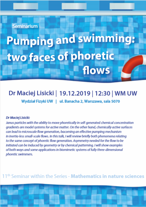 Grudzień 2019 plakat Seminarium Pumping and swimming two faces of phoretic flows doktor maciej lisicki 19.12.2019 12:30 WM UW wydział fizyki UW ul Banacha 2 warszawa sala 5070