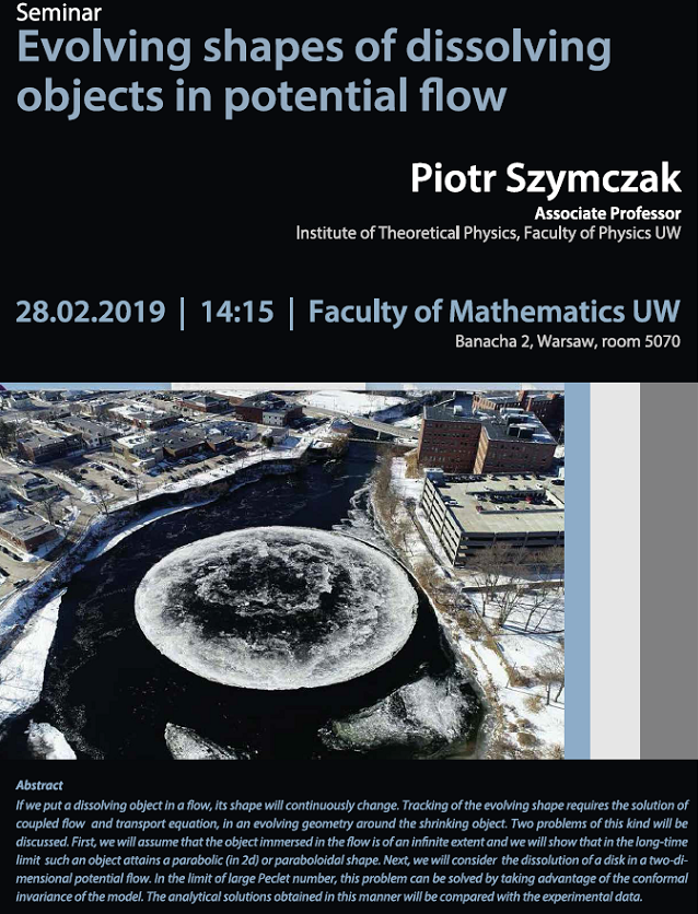 Luty 2019 Evolving Shapes of dissolving objects in potential flow Piotr Szymczask Associate Proffesor Institute of theorwtical physics Faculty of physics UW 28.02.2019 14;15 Faculty of mathematics UW Banacha 2 warszawa pokój 5070