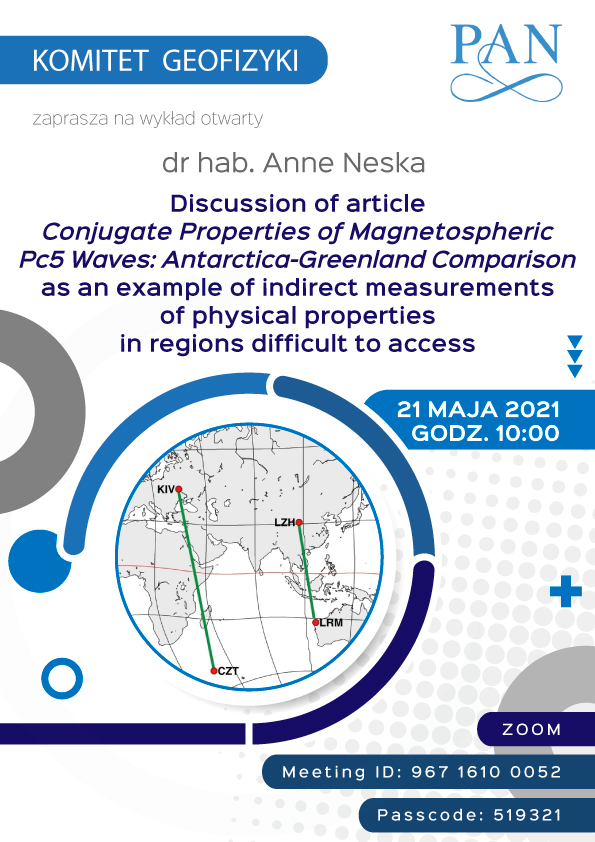 Komited geofizyki zaprasza na wykad otwarty doktor habilitowany anne neska discussion of article conjugate properties of magnetospheric pc5 waves: antarctica-Greenland Comparison as an example of indirect measurements of physical properities in regions ifficult to access 21 maja 2021 godzina 10:00 zoom meeting id 96716100052 passcode 519321
