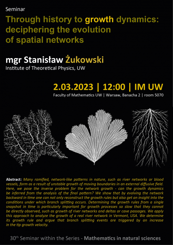 marzec2023 - plakat seminarium through history to growth dynamics deciphering the evolution of spatial networks mgr Stanisław Żukowski institute of theoretical physics UW 2.03.2023 12 IM UW faculty of mathematics UW Warszawa banacha 2 pokój 5070