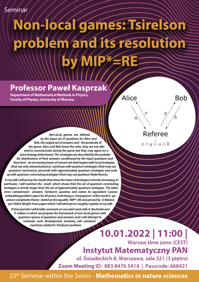 plakat Styczeń 2022 Non-local games: Tsirelson problem and its resolution by MIP*=RE Professor Paweł Kasprzak