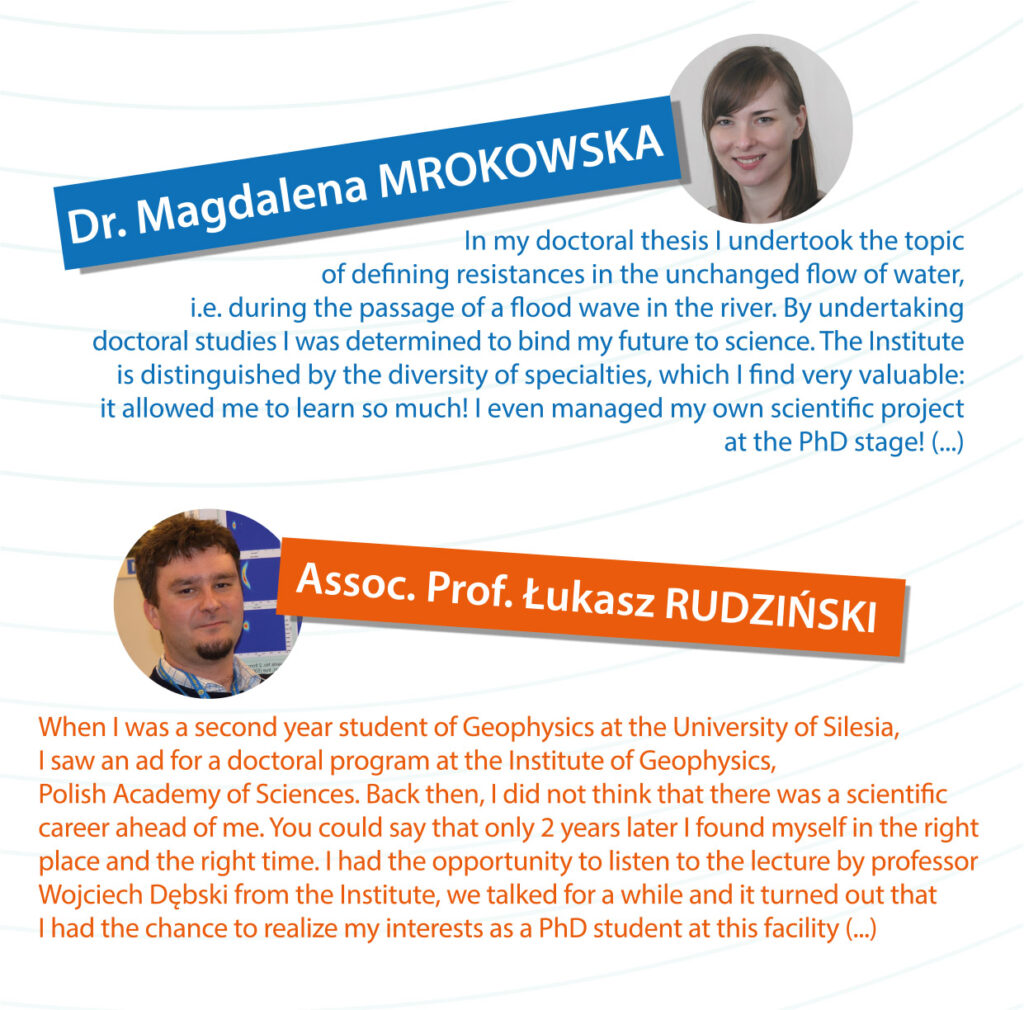 Portraits of Dr. Magdalena Mrokowska and Assoc. Prof. Łukasz Rudziński with their stories. Dr. Mrokowska discusses her doctoral research on water flow resistance during floods and her dedication to science. Prof. Rudziński shares how he found his scientific path through an ad and a conversation with Prof. Wojciech Dębski, leading him to pursue a PhD in geophysics at the Institute.