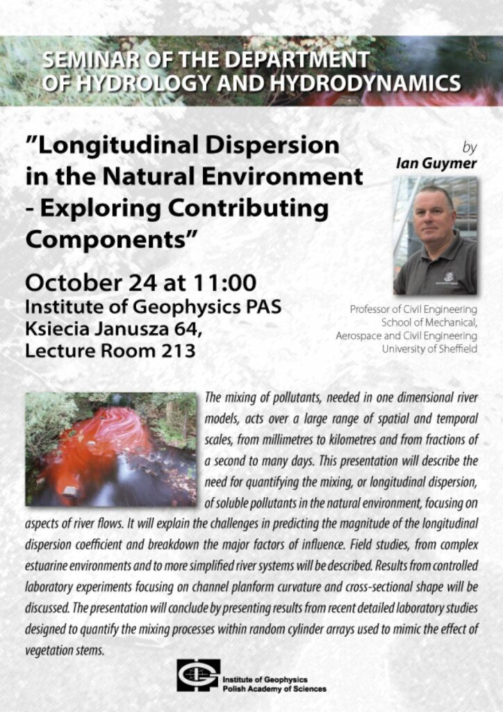October 24 at 11:00 Longitudinal dispersion in the natural environment exloring contributing components