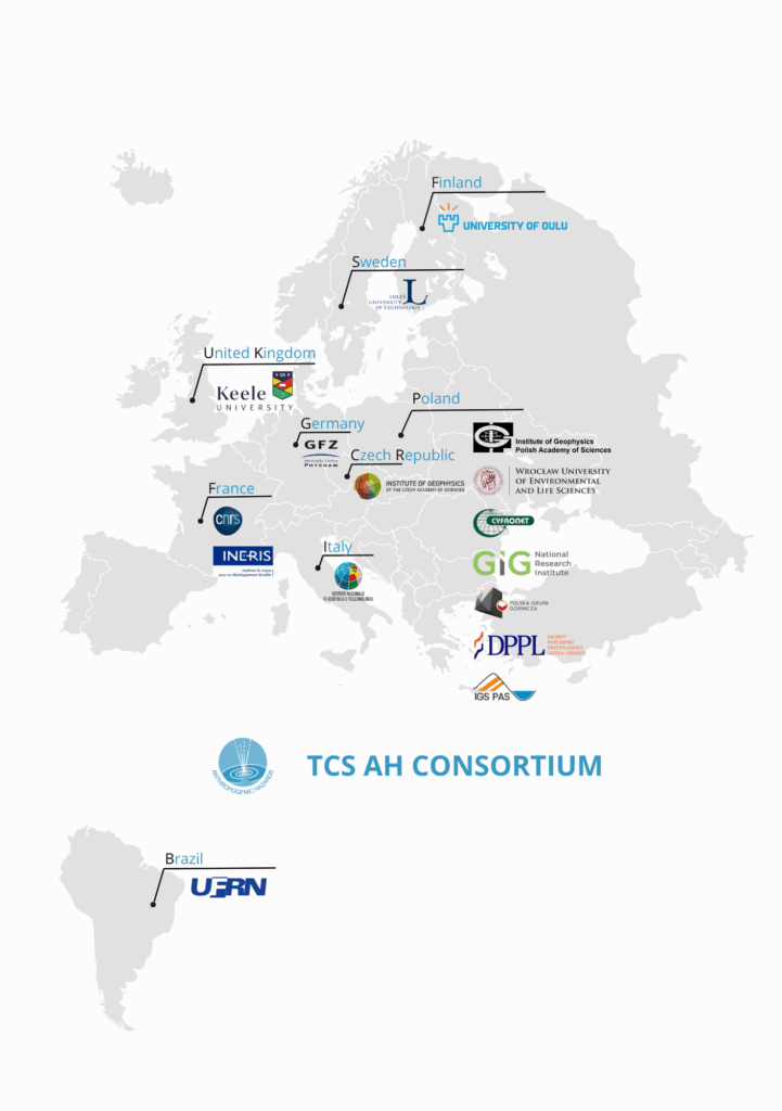 Schematyczna mapa, na której zaznaczono lokalizację instytucji tworzących konsorcjum TCS AH: Polska, Czechy, Niemcy, Włochy, Francja, Finlandia, Szwecja, Wielka Brytania oraz Brazylia.