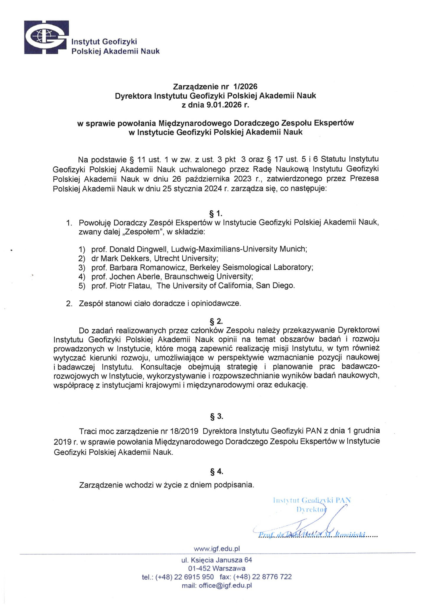 Zarządzenie 1_2026 Dyrektora IGF PAN