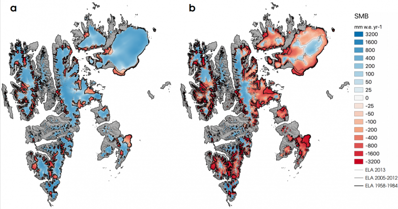 grafika (Noël et al. 2020).
Porównanie chłodniejszego okresu 2005-2012 (po lewej) i 2013 (po prawej). Na niebiesko, ochronna warstwa firnu pokrywającego strefę akumulacji lodowców; na czerwono, strefa ablacji, w której latem odsłania się nagi lód lodowcowy.