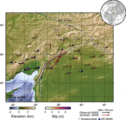 Rys. 2. Model uskoku, na którym doszło do wstrząsu M7,8 z podziałem na 3 segmenty o złożonej geometrii zgodnej ze znanymi uskokami na granicy płyt litosfery. Ponadto zaznaczone są stacje akcelerometryczne i geodezyjne wraz z przemieszczeniami powierzchni ziemi na nich zarejestrowanymi.