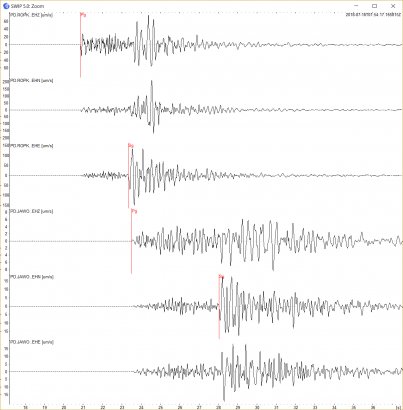 Zapis wstrząsu z 16.07.2018 M2.7 z okolic Krynicy Zdrój na lokalnych stacjach